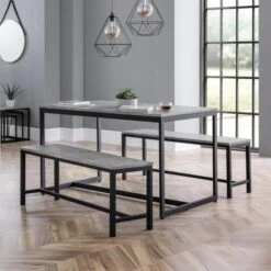 Staten 4 Seater Rectangular Dining Table With 2 Benches, Grey