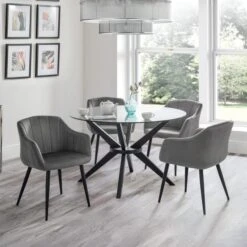 Hayden 4 Seater Round Glass Top Dining Table With 4 Hobart Chairs