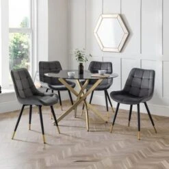 Montero 4 Seater Round Glass Top Dining Table With 4 Hadid Chairs -Julian Bowen 30794321